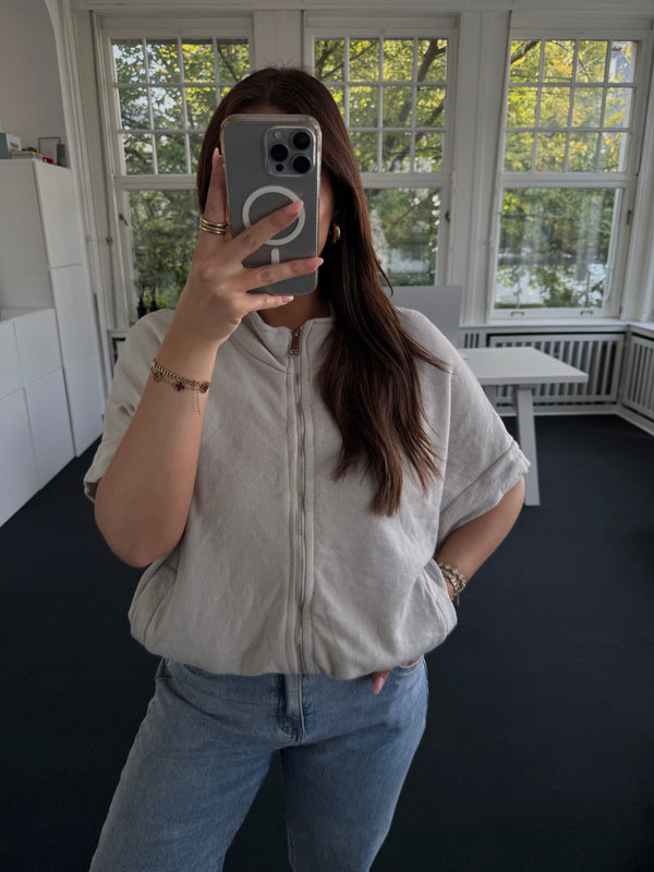 Kurzärmelige Sweatshirt-Jacke mit Reißverschluss & Gummibund – 100% Baumwolle beige