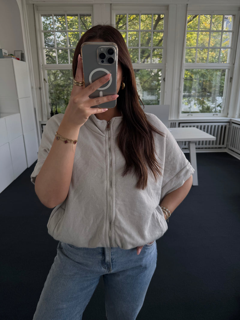 Kurzärmelige Sweatshirt-Jacke mit Reißverschluss & Gummibund – 100% Baumwolle beige