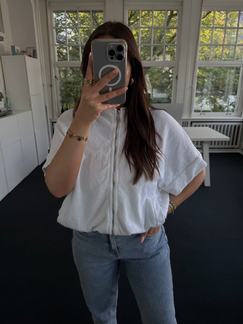 Kurzärmelige Sweatshirt-Jacke mit Reißverschluss & Gummibund – 100% Baumwolle weiß