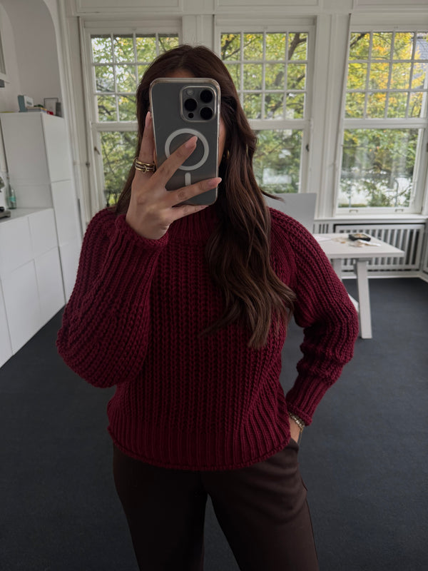 Gerippter Stehkragen-Pullover – Bordeaux – One Size