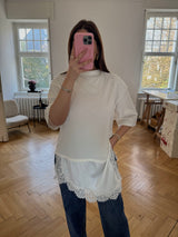 Halbarm-Shirt locker geschnitten mit schrägem Spitzensaum – Baumwolle & Viskose  weiss