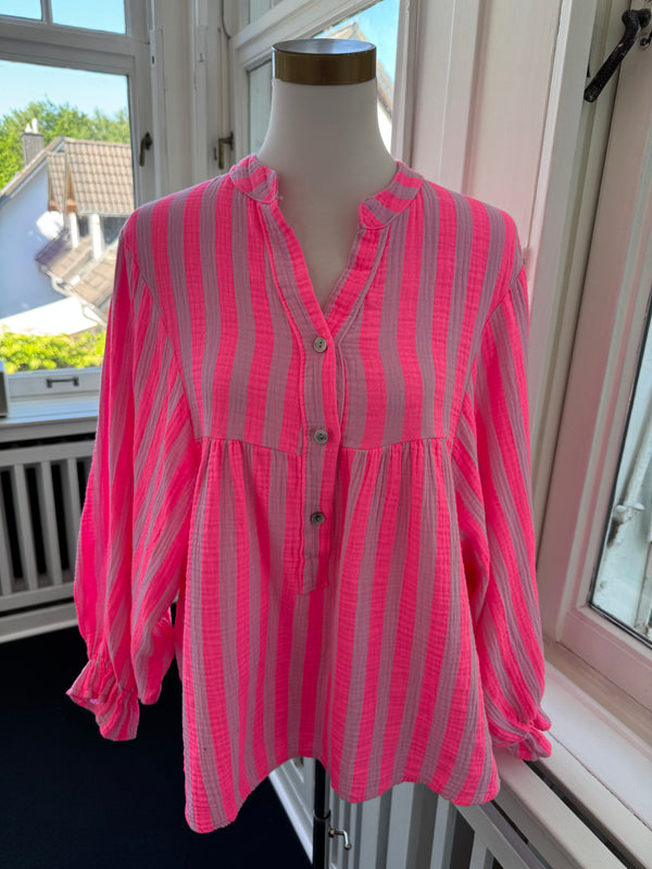Bluse summer gestreift ballonärmel pink