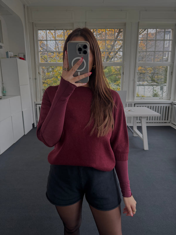 Feinstrick Halbarm Pullover – One Size (36–40) | Edler Viskose-Mix bordeaux