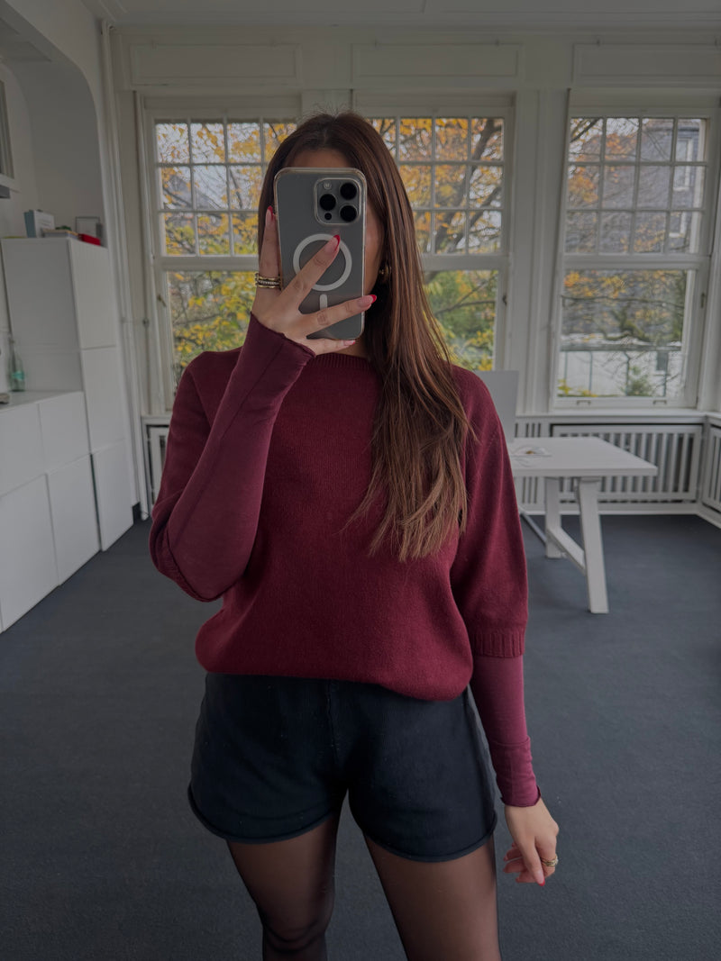 Feinstrick Halbarm Pullover – One Size (36–40) | Edler Viskose-Mix bordeaux