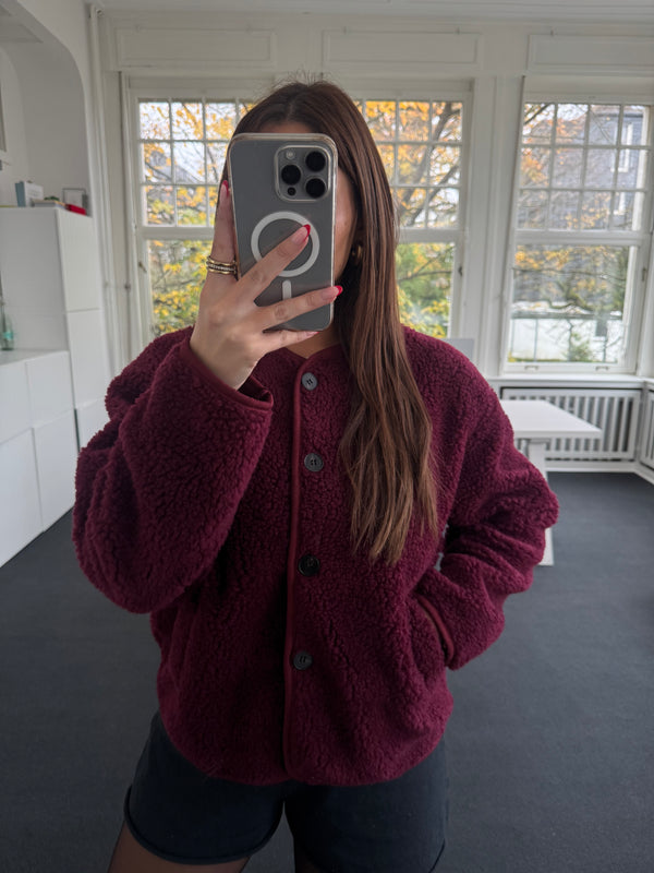 Teddyjacke mit Knöpfen & Taschen – Leichter Wollmix | Kuschelig & Stylisch bordeaux