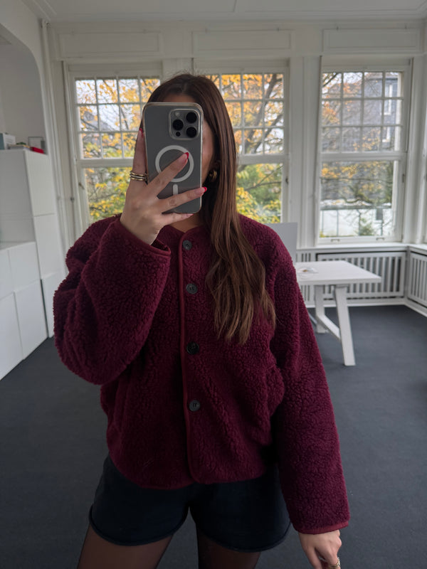 Teddyjacke mit Knöpfen & Taschen – Leichter Wollmix | Kuschelig & Stylisch bordeaux