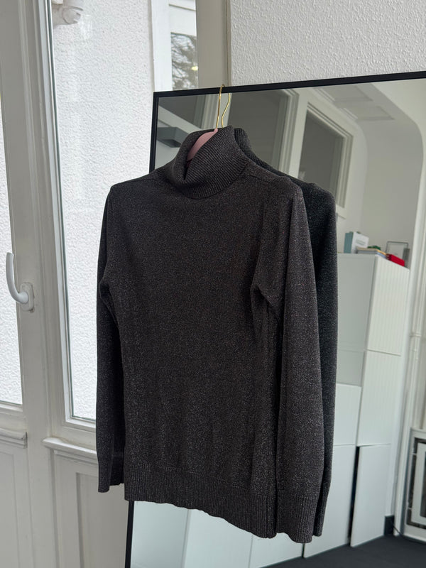 Rollkragenpullover mit Glitzer – figurbetont, braun/grau – One Size (36–40