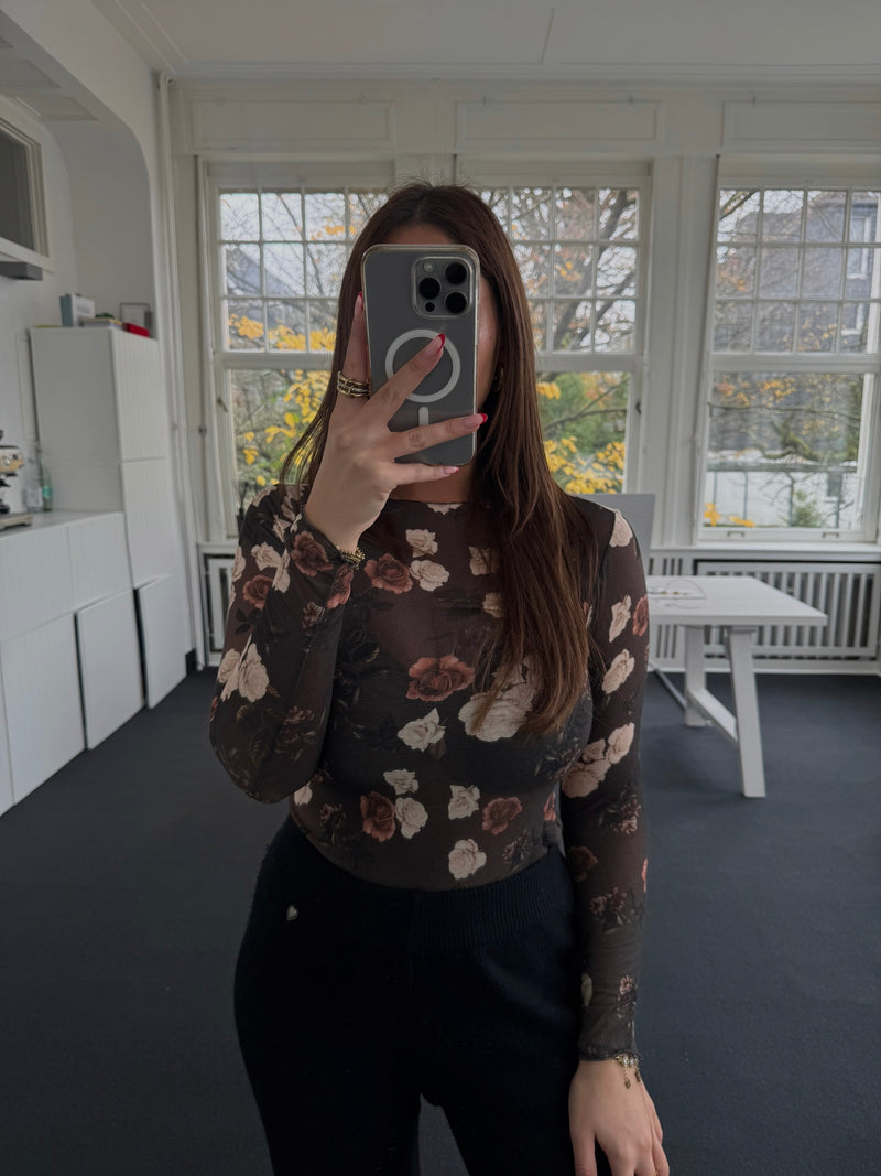 Kaschmir-Style Shirt mit Blumenmuster – figurbetont – One Size (36–40) braun