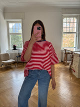 Oversized T-Shirt mit Streifen & „Good Vibes“ Print – bunt, locker & trendy (One Size 36–42) rot
