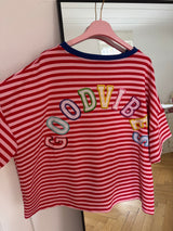 Oversized T-Shirt mit Streifen & „Good Vibes“ Print – bunt, locker & trendy (One Size 36–42) rot