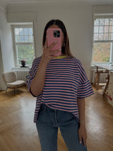 Oversized T-Shirt mit Streifen & „Good Vibes“ Print – bunt, locker & trendy (One Size 36–42) blau/rosa