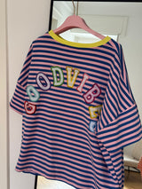 Oversized T-Shirt mit Streifen & „Good Vibes“ Print – bunt, locker & trendy (One Size 36–42) blau/rosa
