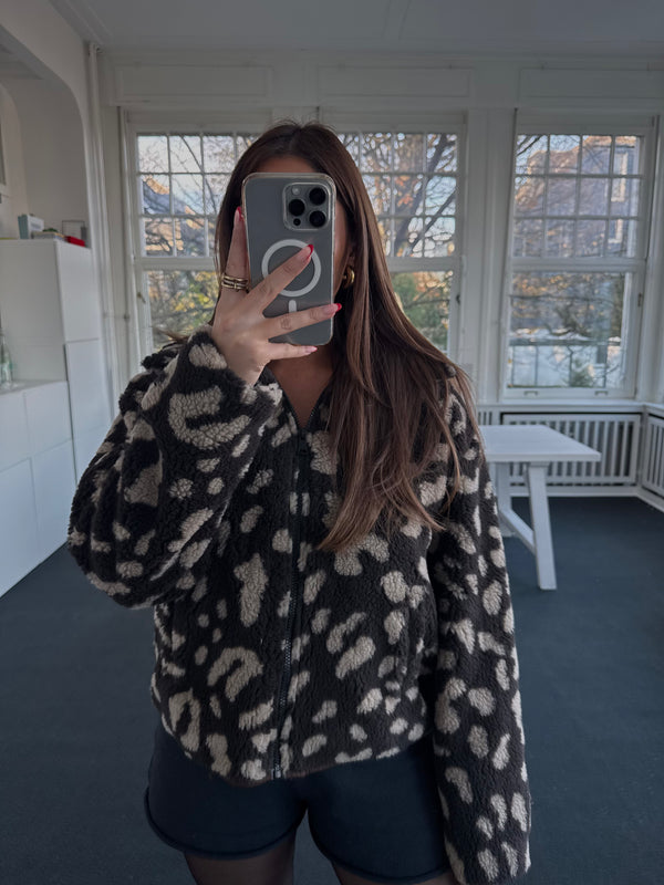 Teddy-Jacke mit Muster und Reißverschluss – Braun/Beige