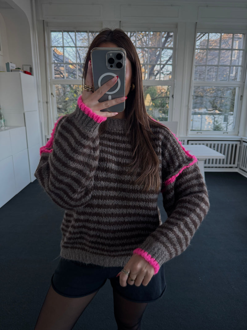 Gestreifter Strickpullover in Braun/Taupe/Pink – One Size (36–42)