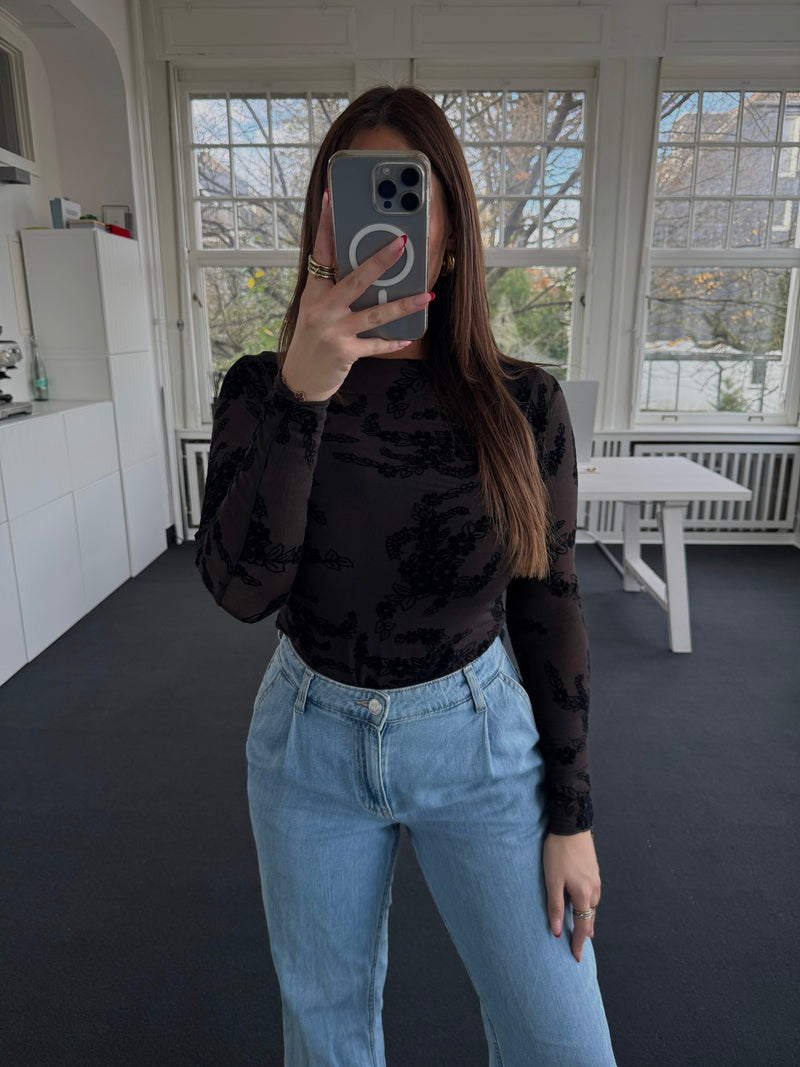 Figurbetontes Kaschmir-Style Shirt mit Flower-Samt-Flockmuster braun