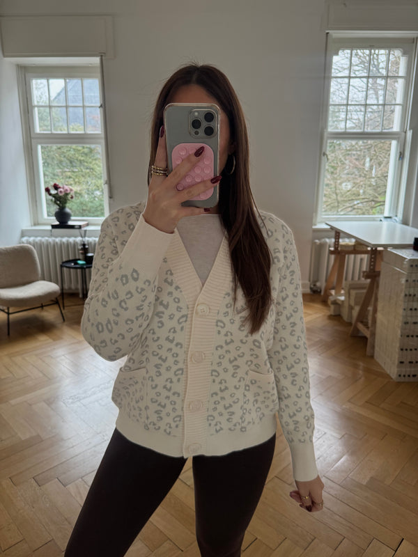 Beige Glitzer-Strickjacke – One Size (36–38) | Super Soft | Silberglitzer | Mit Taschen & Knöpfen