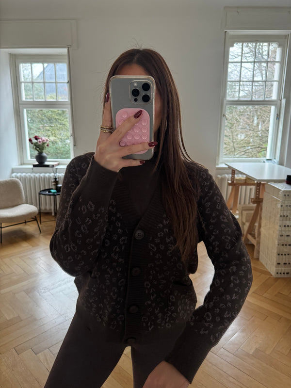 Braune Glitzer-Strickjacke – One Size (36–38) | Super Soft | Silberglitzer | Mit Taschen & Knöpfen