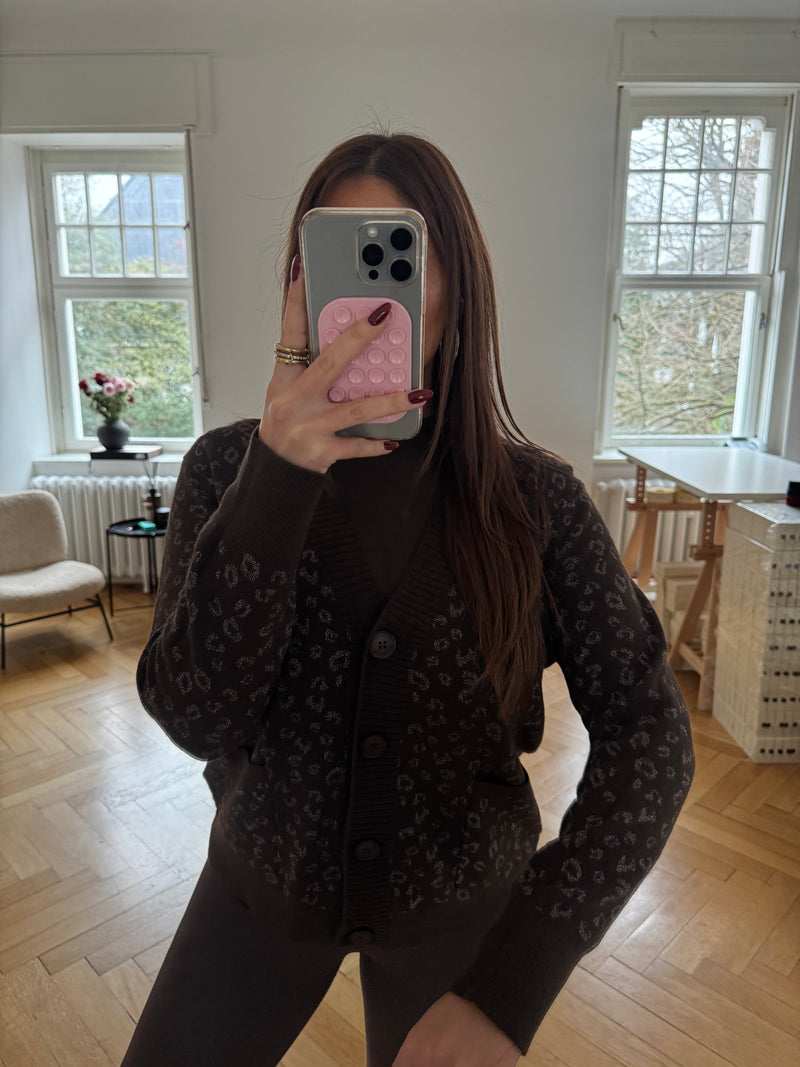 Braune Glitzer-Strickjacke – One Size (36–38) | Super Soft | Silberglitzer | Mit Taschen & Knöpfen