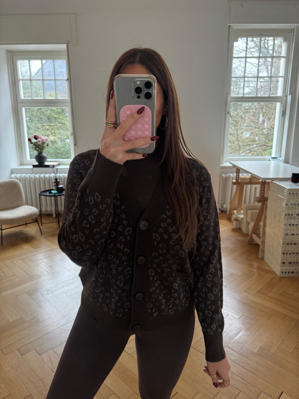 Braune Glitzer-Strickjacke – One Size (36–38) | Super Soft | Silberglitzer | Mit Taschen & Knöpfen