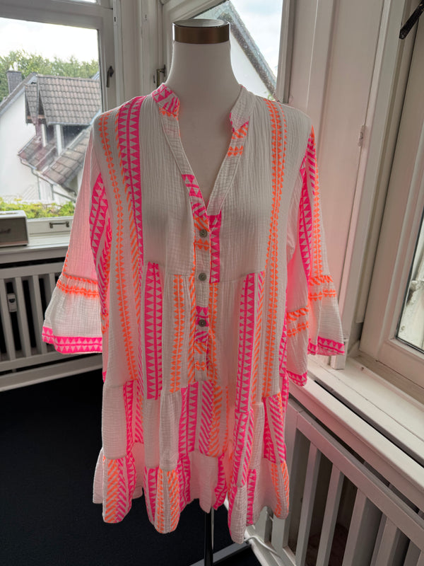 Tunikakleid mit Knöpfen weis/pink