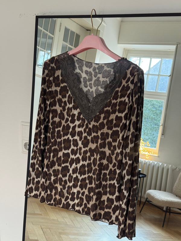 Elegantes Kaschmir-Style Shirt mit Leo-Muster und femininer Spitze braun/beige