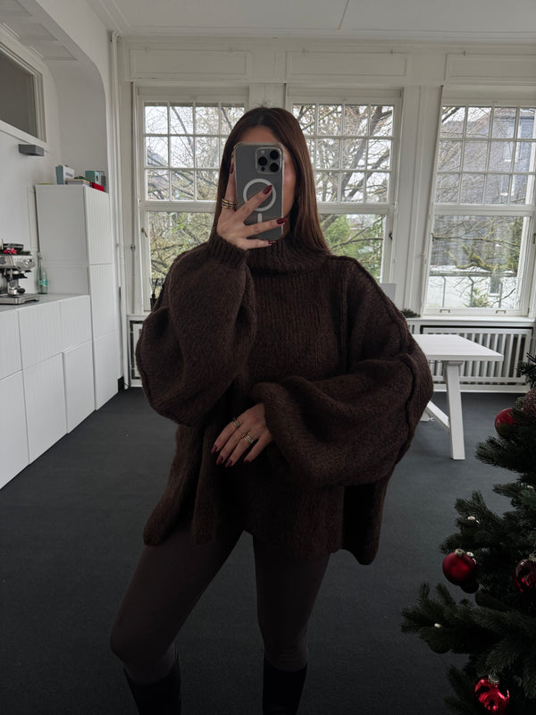 Oversized Strickpullover mit Stehkragen – One Size 36–44, kuschelig & länger geschnitten braun