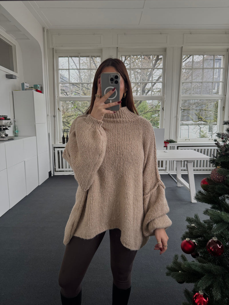 Oversized Strickpullover mit Stehkragen – One Size 36–44, kuschelig & länger geschnitten beige