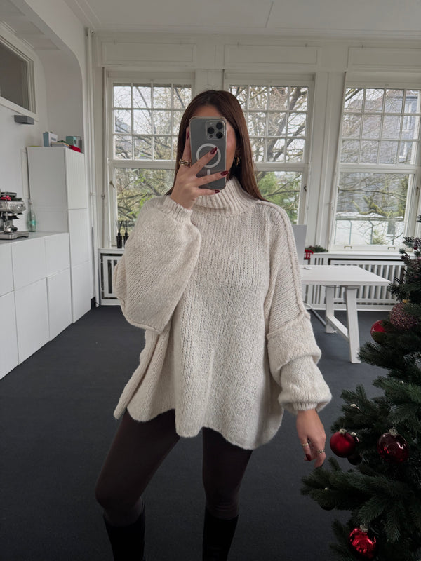 Oversized Strickpullover mit Stehkragen – One Size 36–44, kuschelig & länger geschnitten creme