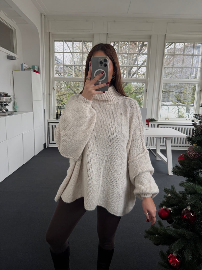 Oversized Strickpullover mit Stehkragen – One Size 36–44, kuschelig & länger geschnitten creme