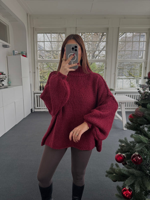 Oversized Strickpullover mit Stehkragen – One Size 36–44, kuschelig & länger geschnitten bordeaux