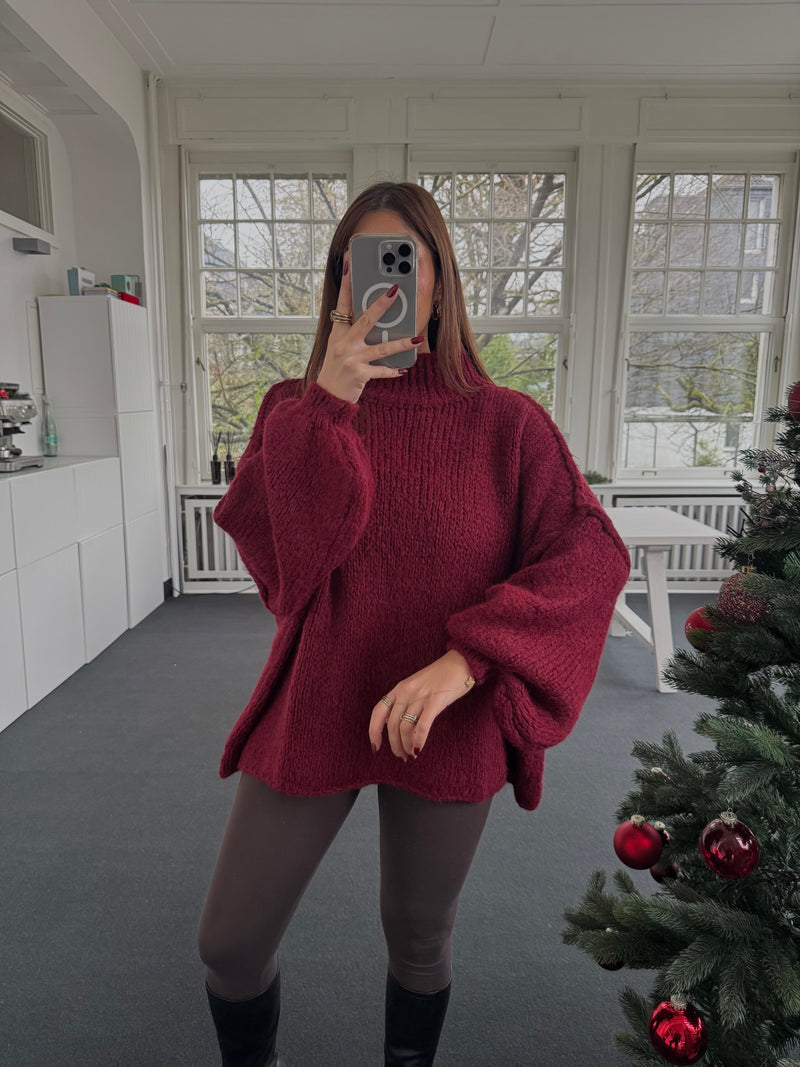 Oversized Strickpullover mit Stehkragen – One Size 36–44, kuschelig & länger geschnitten bordeaux