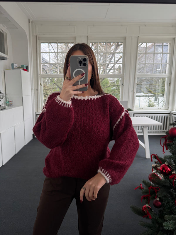 Bordeaux Strickoberteil mit beige Kontrast-Details – Kastiger Schnitt – One Size (36–42)