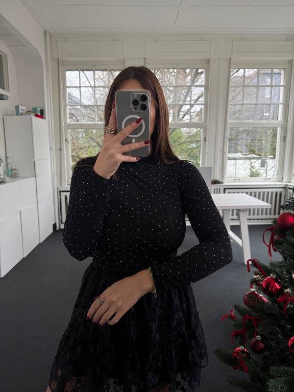 Kaschmir-Rollkragen Shirt mit silbernen Strasssteinen – One Size (36–40) – Festlicher Bestseller für Christmas & Silvester schwarz