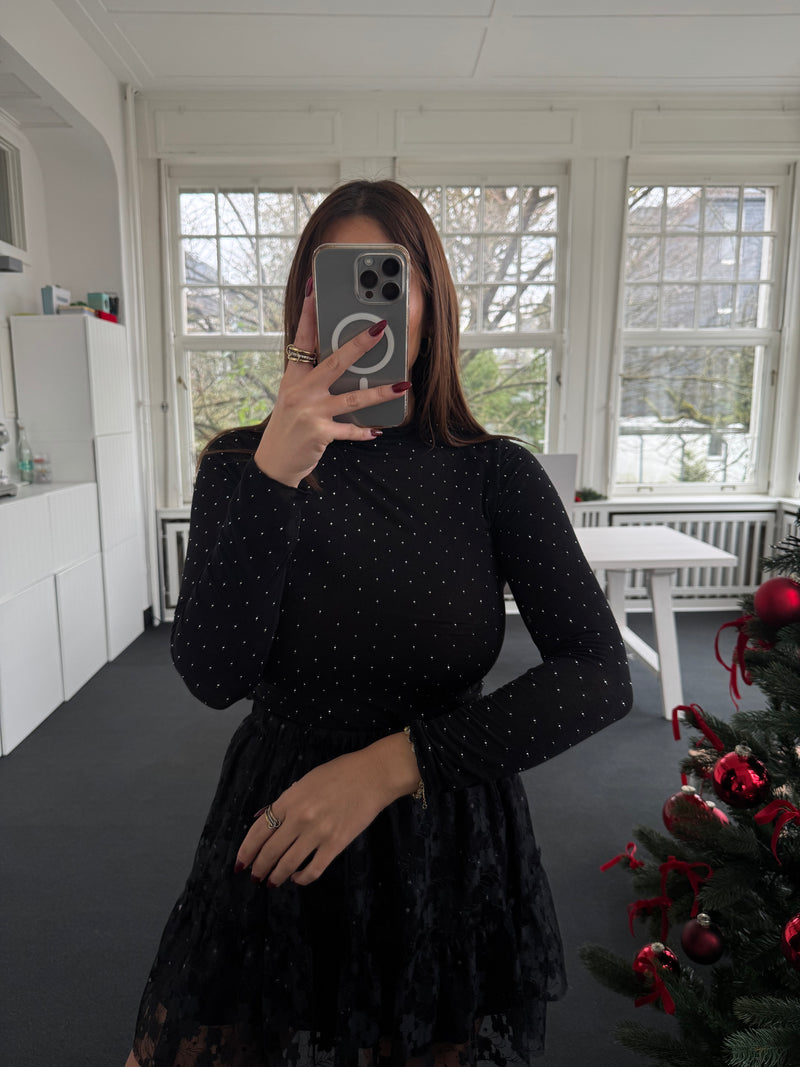 Kaschmir-Rollkragen Shirt mit silbernen Strasssteinen – One Size (36–40) – Festlicher Bestseller für Christmas & Silvester schwarz