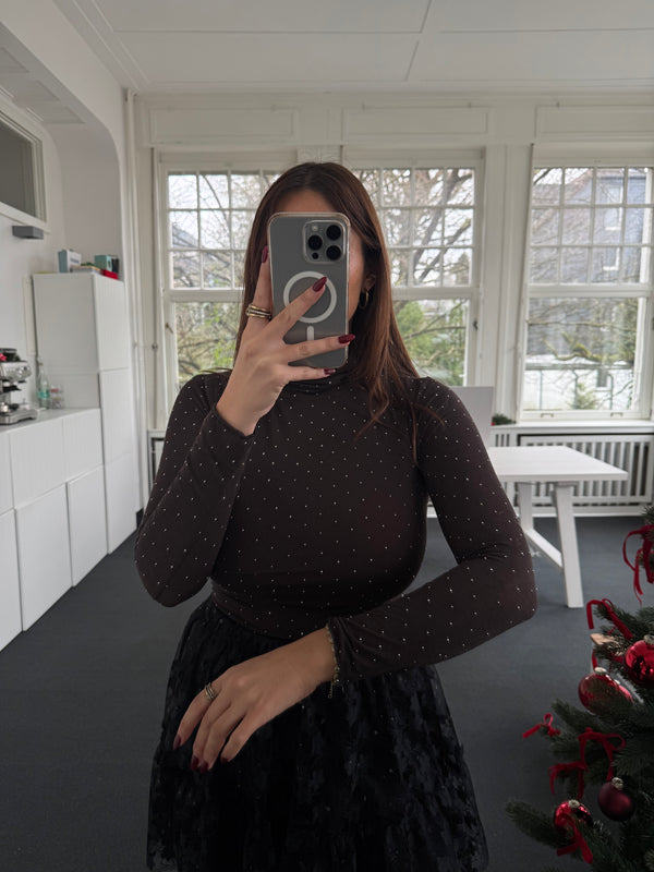 Kaschmir-Rollkragen Shirt mit silbernen Strasssteinen – One Size (36–40) – Festlicher Bestseller für Christmas & Silvester braun