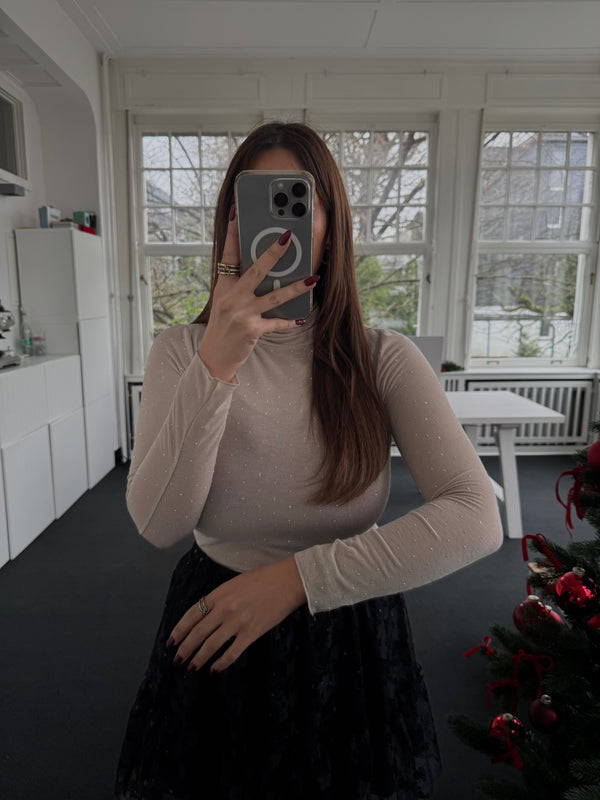 Kaschmir-Rollkragen Shirt mit silbernen Strasssteinen – One Size (36–40) – Festlicher Bestseller für Christmas & Silvester beige