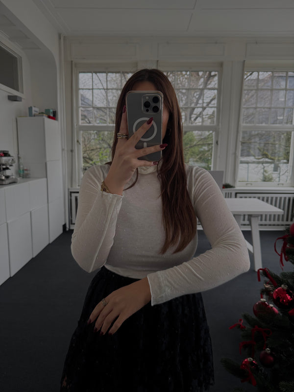 Kaschmir-Rollkragen Shirt mit silbernen Strasssteinen – One Size (36–40) – Festlicher Bestseller für Christmas & Silvester creme