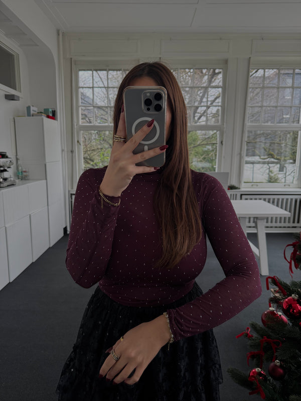 Kaschmir-Rollkragen Shirt mit silbernen Strasssteinen – One Size (36–40) – Festlicher Bestseller für Christmas & Silvester bordeaux