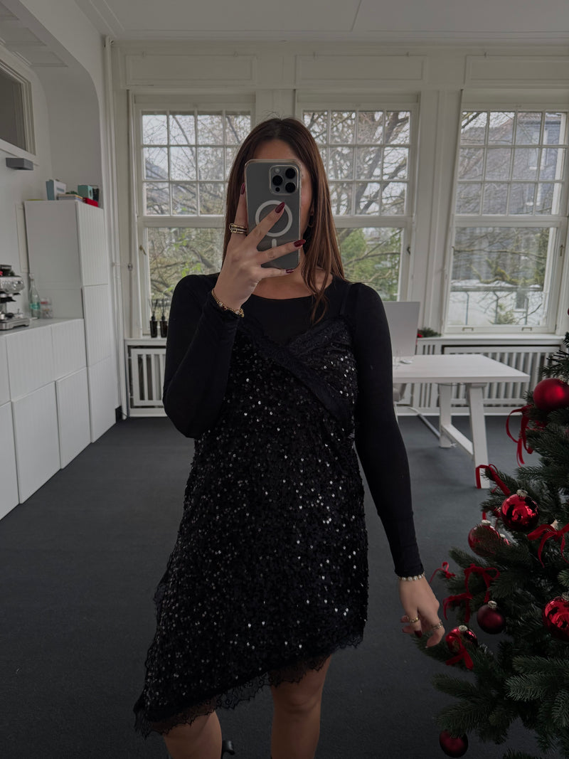 „Glamouröses Pailletten-Silvesterkleid mit V-Ausschnitt & Spitzenabschluss – Schwarz, One Size 36-40