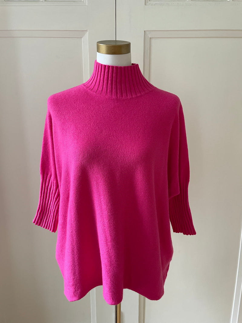FEINSTRICKPULLOVER STEHKRAGEN GERIPPTE ÄRMEL PINK