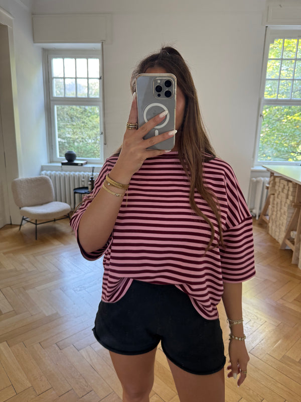 T-Shirt gestreift oversized kastiger Schnitt bordeaux/rosa