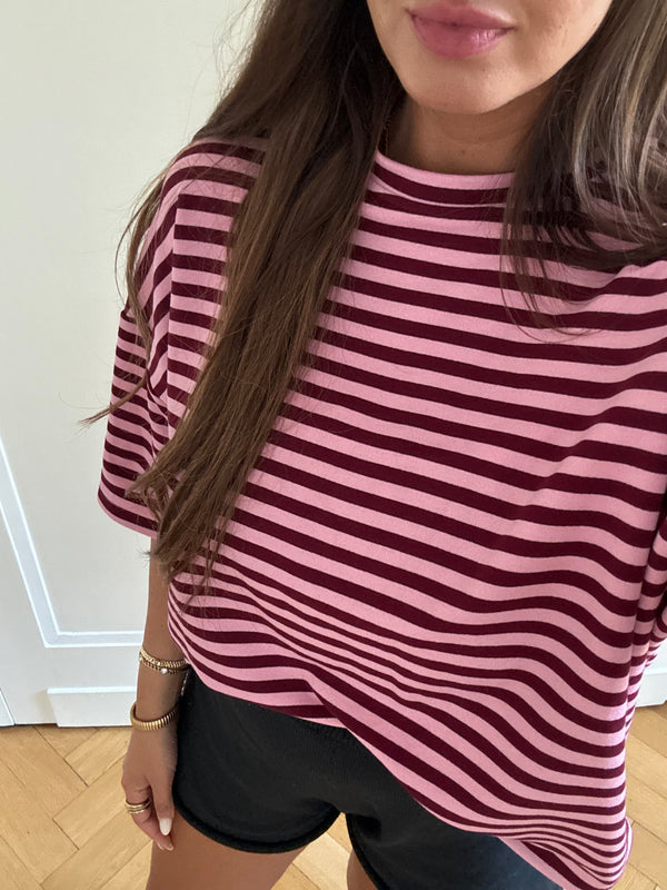 T-Shirt gestreift oversized kastiger Schnitt bordeaux/rosa