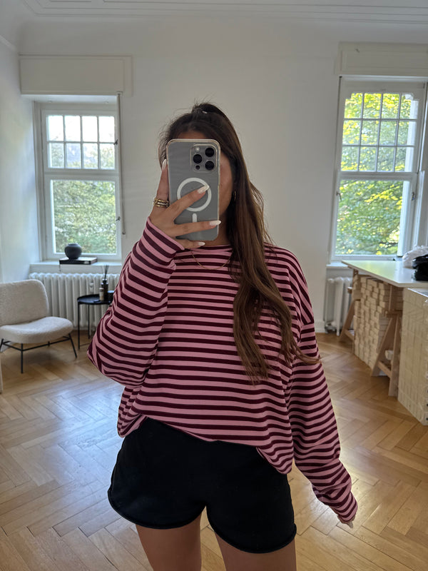 Sweatshirt gestreift oversized kastiger Schnitt bordeaux/rosa