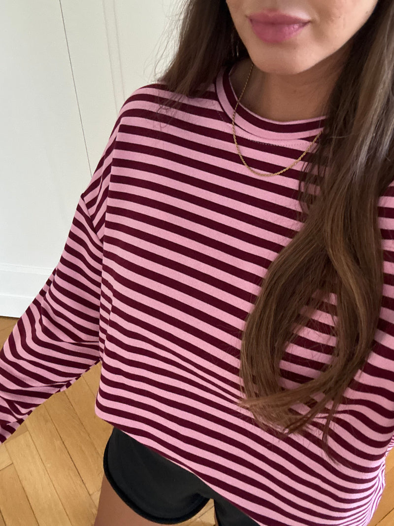 Sweatshirt gestreift oversized kastiger Schnitt bordeaux/rosa