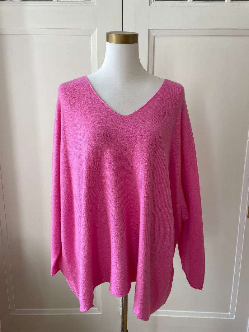 Feinstrick Pullover oversized V-Ausschnitt pink