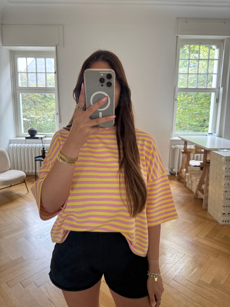 T-Shirt gestreift oversized kastiger Schnitt gelb/rosa