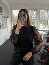 Elegante Spitzenbluse mit Stehkragen & transparenten Ärmeln – One Size (36–40) schwarz