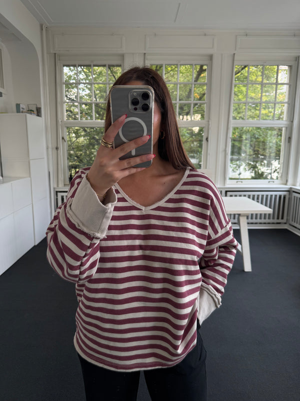 Double V-neck long sleeve Cotton Top bordeaux
