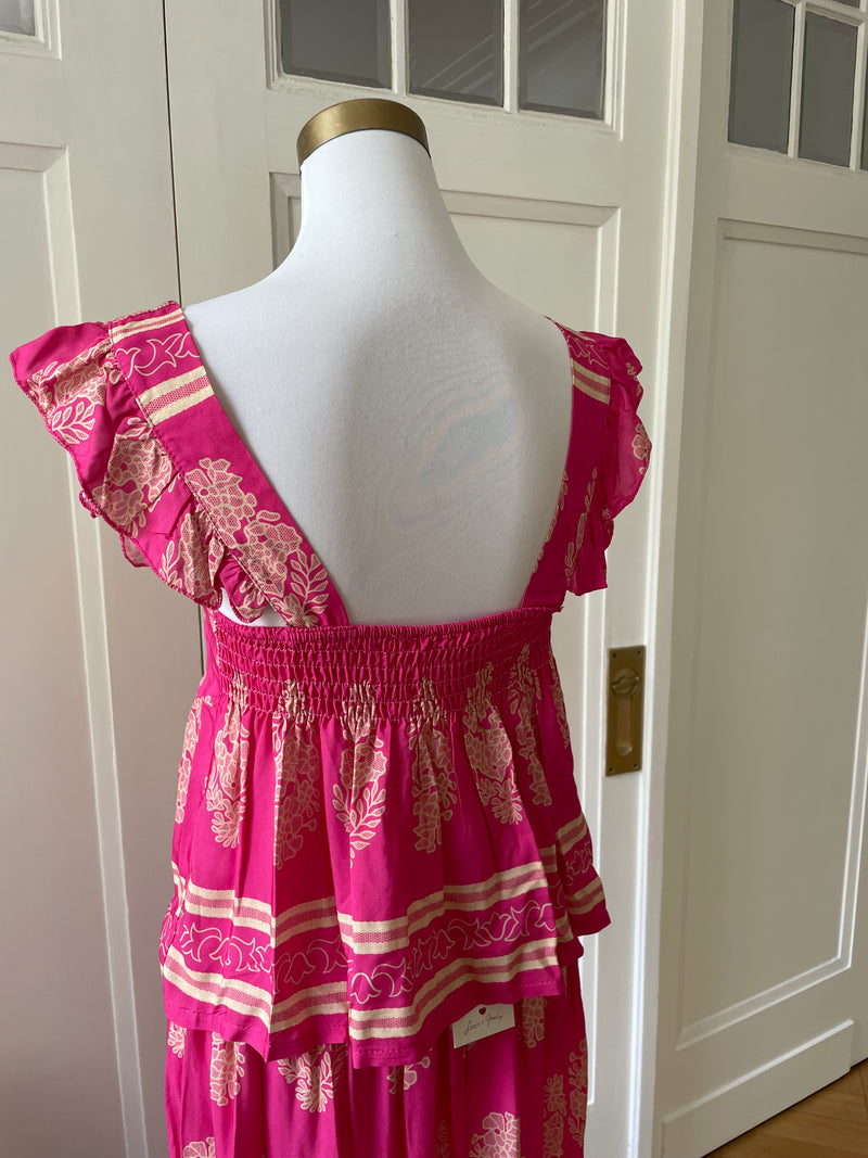 Zweiteiler gemustert Oberteil mit Rock pink